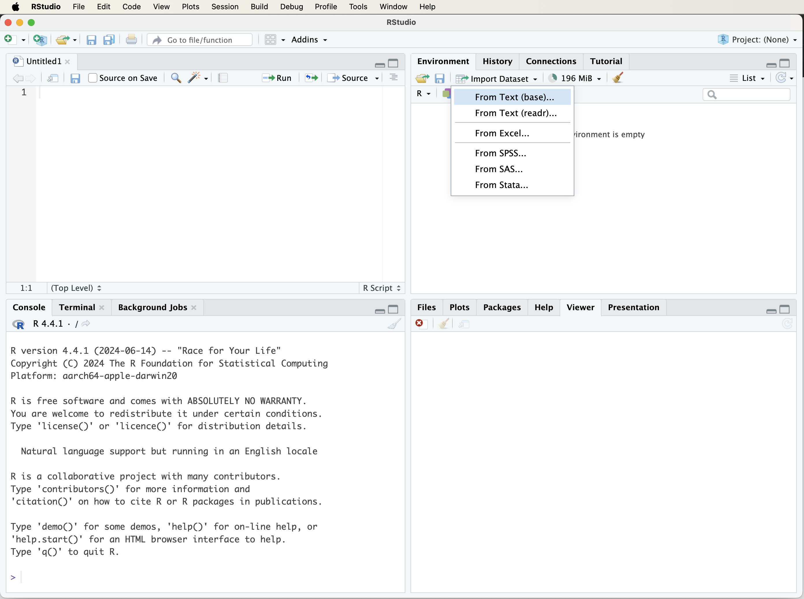 A visual guide to loading a dataset into R using the 'Import Dataset' tab in RStudio.
