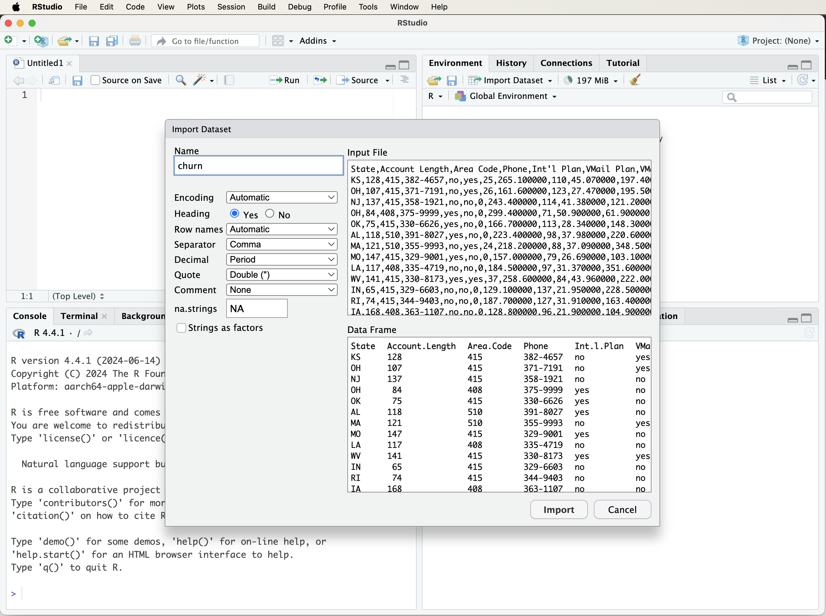 A visual guide to customizing the import settings when loading a dataset into R using the 'Import Dataset' tab in RStudio.