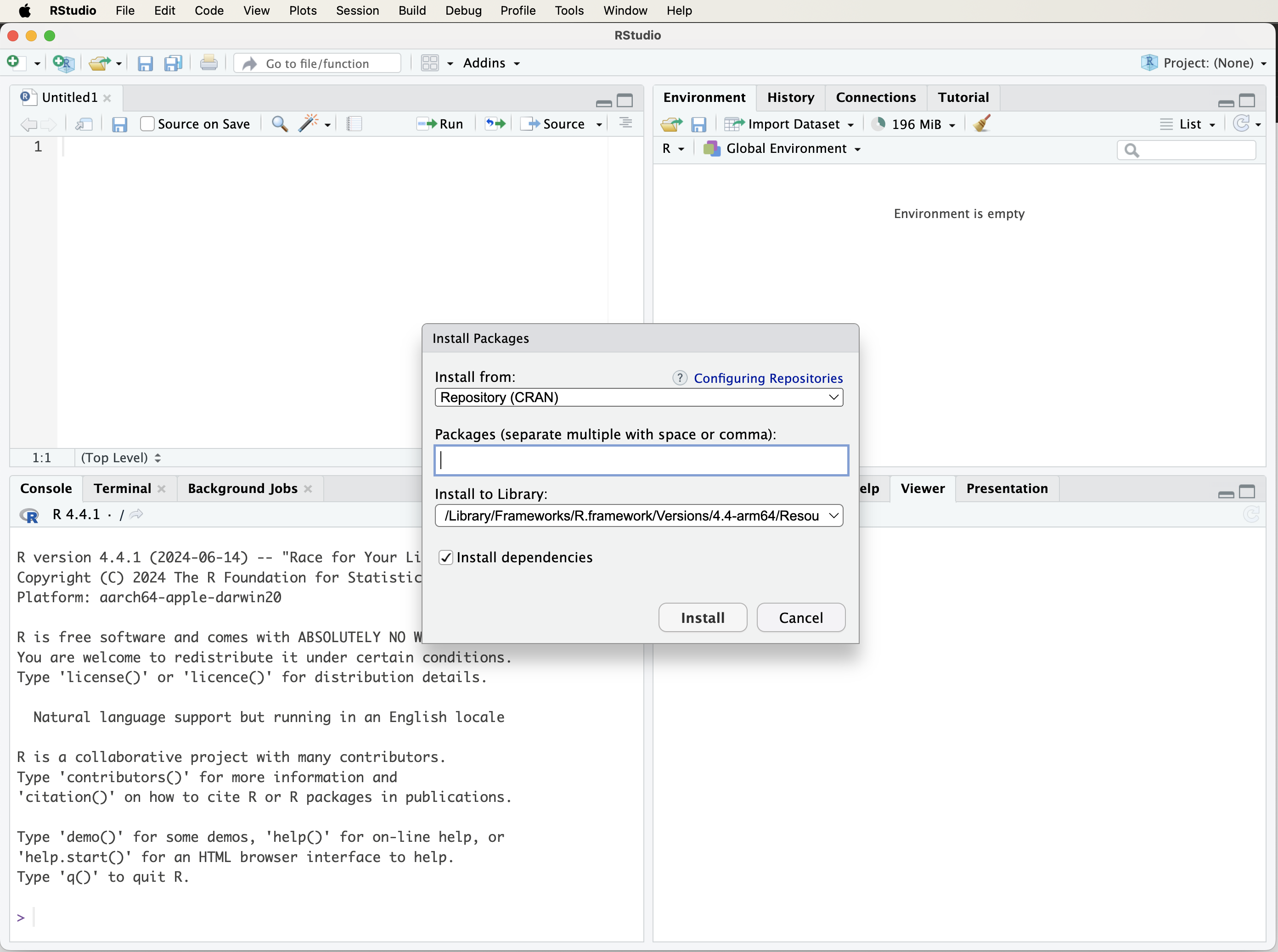 A visual guide to installing R packages using the 'Tools' tab in RStudio.