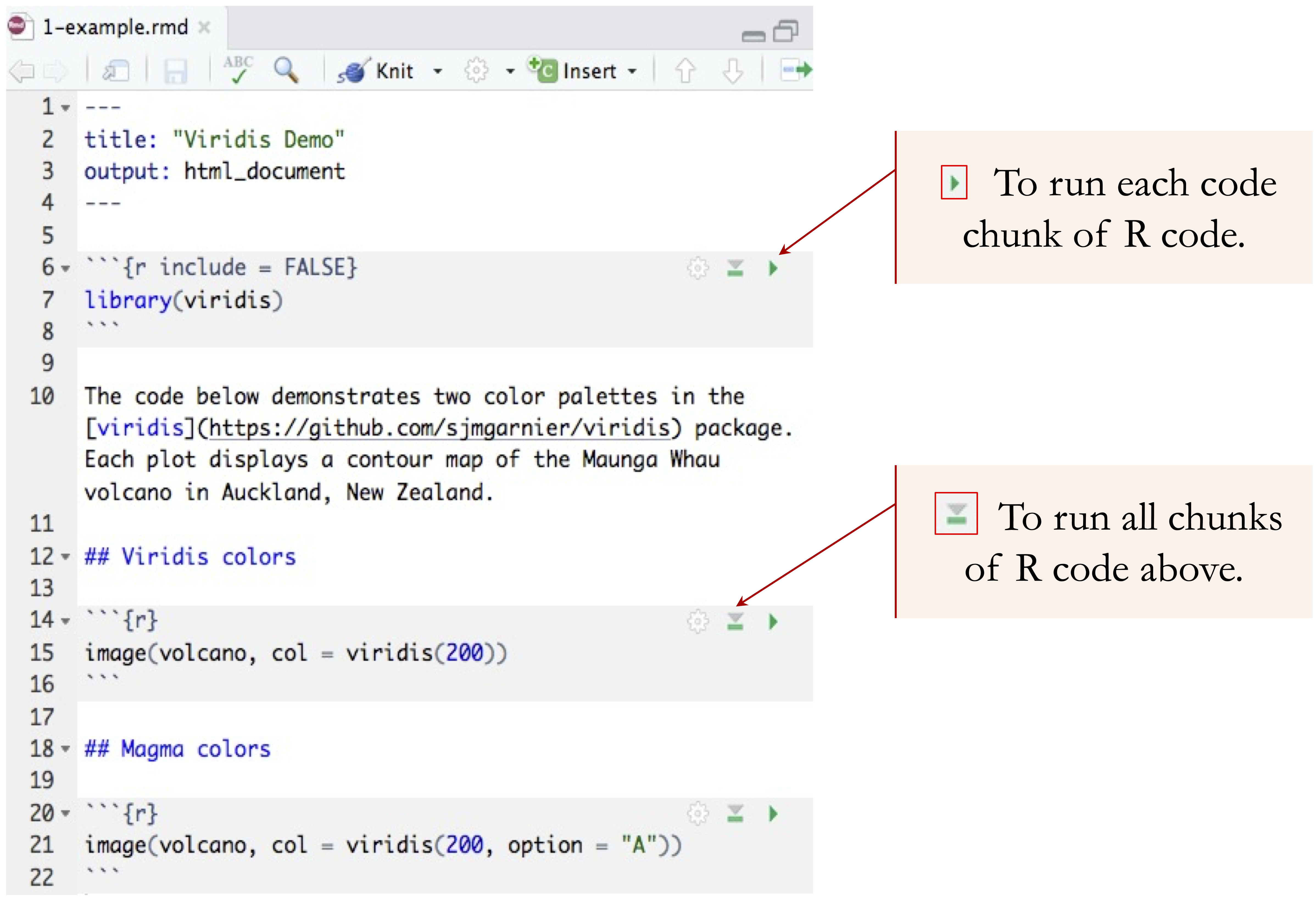 Executing a code chunk in R Markdown using the 'Run' button in RStudio.